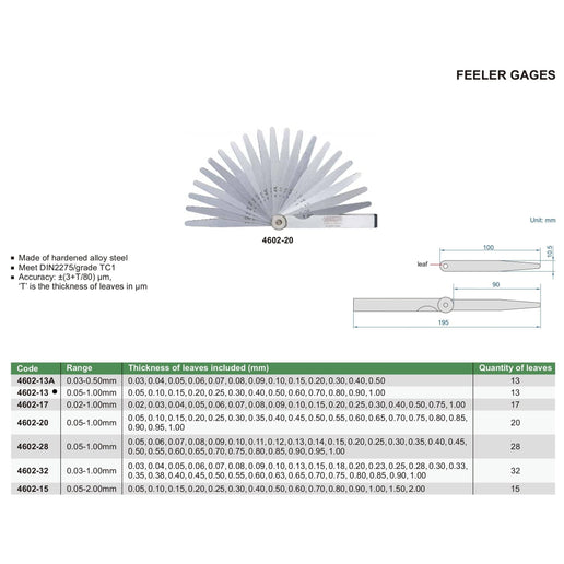 INSIZE MEASURING EQUIPMENT Insize Feeler Gauge 13pc Set 0.05-1mm Range Series 4602-13