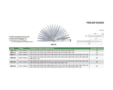 INSIZE Measuring Equipment Insize Feeler Gauge 32pc Set 0.03-1mm Range Series 4602-32