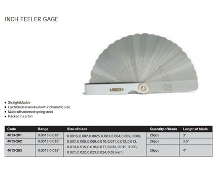 INSIZE MEASURING EQUIPMENT Insize Feeler Gauge Set 0.0015-0.025" Range Series 4613-263