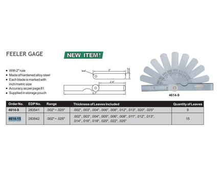 INSIZE MEASURING EQUIPMENT Insize Feeler Gauge Set 0.002"–0.025" Range Series 4614-15