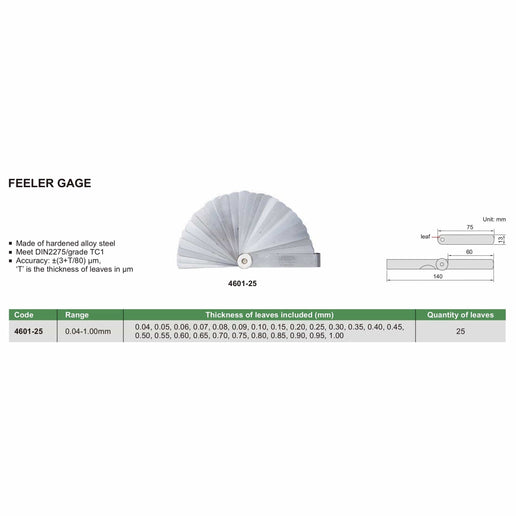 INSIZE Measuring Equipment Insize Feeler Gauge Set 0.04-1mm Range Series 4601-25