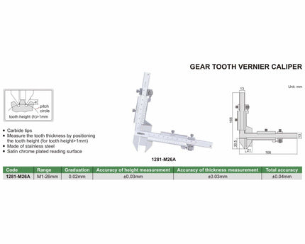 INSIZE Measuring Equipment Insize Gear Tooth Vernier Caliper Range Series 1281-M26A