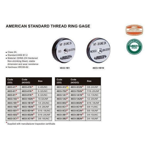 INSIZE Measuring Equipment Insize GO Thread Ring Gauge 3/8"-24 UNF Series - 4633-3C2
