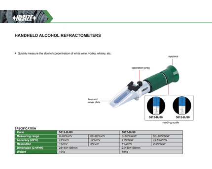 INSIZE MEASURING EQUIPMENT Insize Handheld Alcohol Refractometer 0–50%W/W & 50–80%W/W Series 5812-BJ90