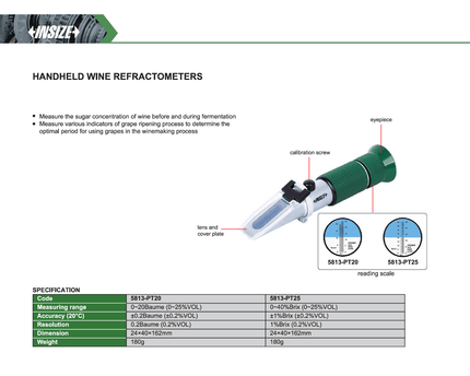 INSIZE MEASURING EQUIPMENT Insize Handheld Wine Refractometer 0–40%Brix Series 5813-PT25