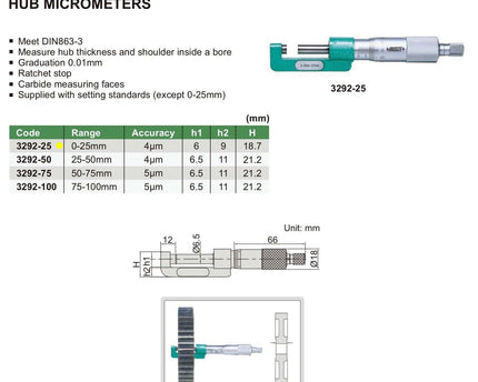 INSIZE Measuring Equipment Insize Hub Micrometer 0-25mm Range Series 3292-25