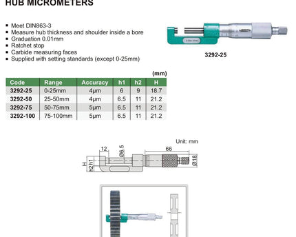 INSIZE Measuring Equipment Insize Hub Micrometer 50-75mm Range Series 3292-75