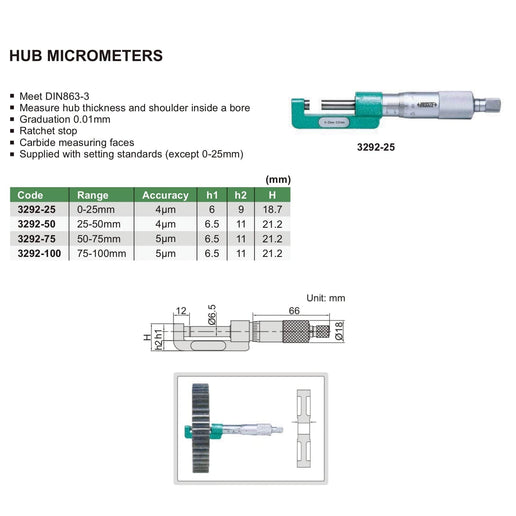 INSIZE Measuring Equipment Insize Hub Micrometer 50-75mm Range Series 3292-75