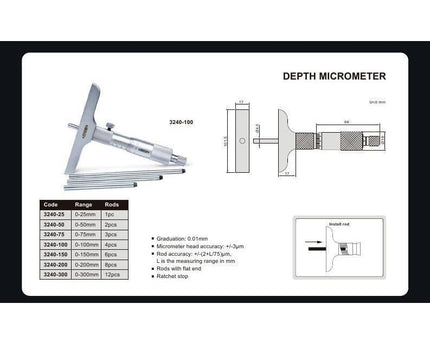 INSIZE Measuring Equipment Insize Imperial Depth Micrometer 0-6" Range Series 3240-6