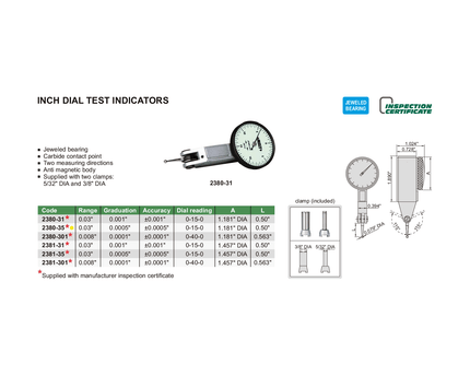 INSIZE Measuring Equipment Insize Imperial Dial Indicator 0.03" Range Series 2380-35