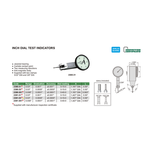 INSIZE Measuring Equipment Insize Imperial Dial Indicator 0.03" Range Series 2381-35