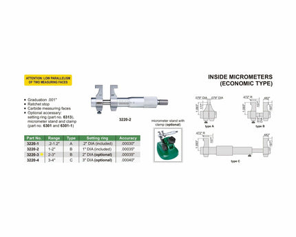 INSIZE Measuring Equipment Insize Imperial Inside Micrometer 2-3" Range Series 3220-3