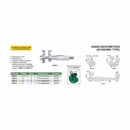 INSIZE Measuring Equipment Insize Imperial Inside Micrometer 2-3" Range Series 3220-3