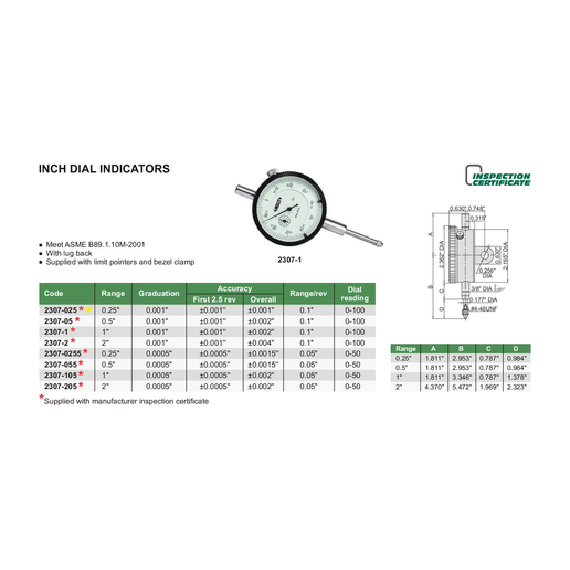 INSIZE Measuring Equipment Insize Imperial Lug Back Dial Indicator 0.25" Range Series 2307-025