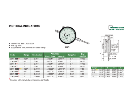 INSIZE Measuring Equipment Insize Imperial Lug Back Dial Indicator 0.25" Range Series 2307-0255