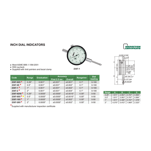 INSIZE Measuring Equipment Insize Imperial Lug Back Dial Indicator 0.5" Range Series 2307-055