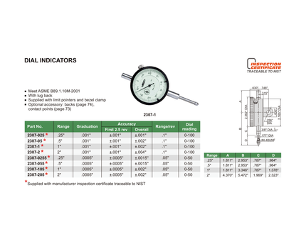 INSIZE MEASURING EQUIPMENT Insize Imperial Lug Back Dial Indicator 1" Range Series 2307-105