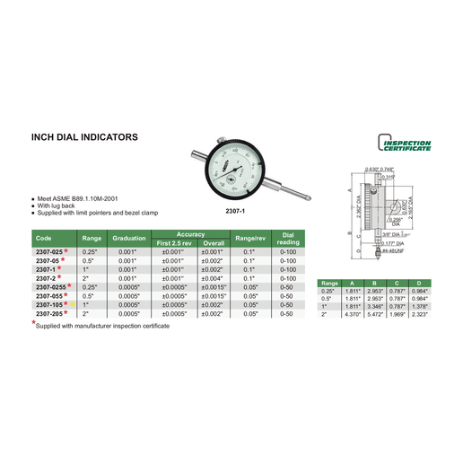 INSIZE MEASURING EQUIPMENT Insize Imperial Lug Back Dial Indicator 1" Range Series 2307-105