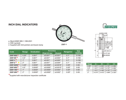 INSIZE Measuring Equipment Insize Imperial Lug Back Dial Indicator 2" Range Series 2307-2