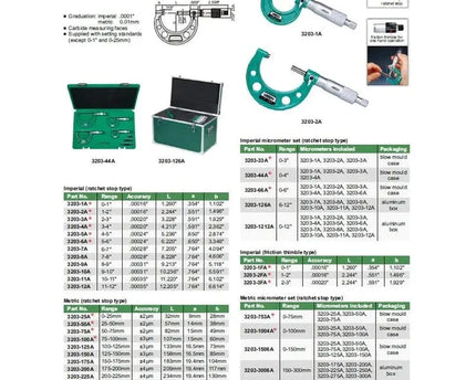 INSIZE Measuring Equipment Insize Imperial Outside Micrometer Set 0-12" Range Series 3203-1212A