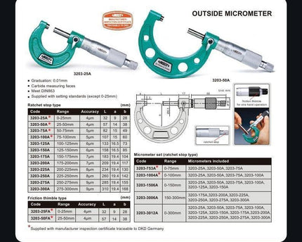 INSIZE Measuring Equipment Insize Imperial Outside Micrometer Set 0-4" Range Series 3203-44A