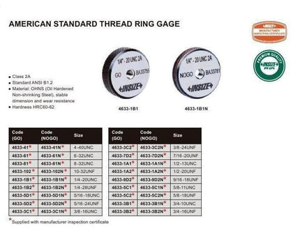 INSIZE MEASURING EQUIPMENT Insize Imperial Thread Ring Gauge GO 1/4-20 UNC Class 2A Series 4633-1B2