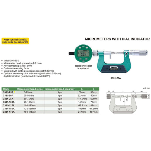 INSIZE Measuring Equipment Insize Indicating Micrometer 0-25mm Range Series 3331-25A