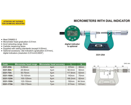 INSIZE Measuring Equipment Insize Indicating Micrometer 25-50mm Range Series 3331-50A