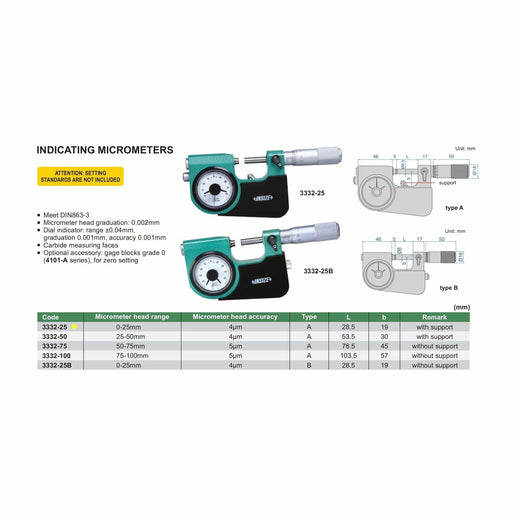 INSIZE Measuring Equipment Insize Indicating Micrometer with Support 0-25mm Range Series 3332-25