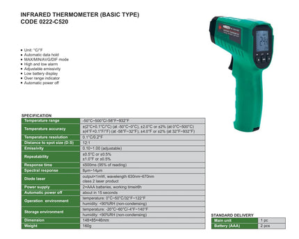 INSIZE Measuring Equipment Insize Infrared Thermometer –50 to 500 °C Series 0222-C520