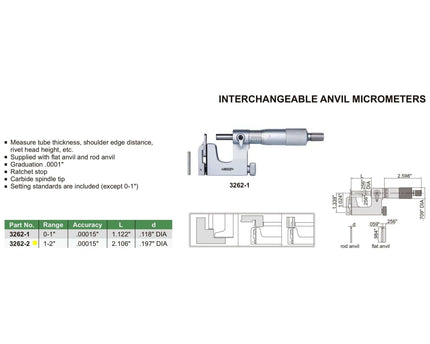 INSIZE Measuring Equipment Insize Interchangeable Anvil Micrometer 1-2" Range Series 3262-2