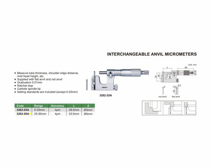 INSIZE Measuring Equipment Insize Interchangeable Anvil Micrometer 25-50mm Range Series 3262-50A
