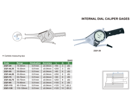 INSIZE Measuring Equipment Insize Internal Dial Caliper Gage Series 2321-95