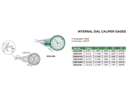 INSIZE MEASURING EQUIPMENT Insize Internal Dial Caliper Gauge 0.2-0.6" Range Series 2222-E06