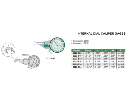 INSIZE MEASURING EQUIPMENT Insize Internal Dial Caliper Gauge 0.2-1" Range Series 2222-E10
