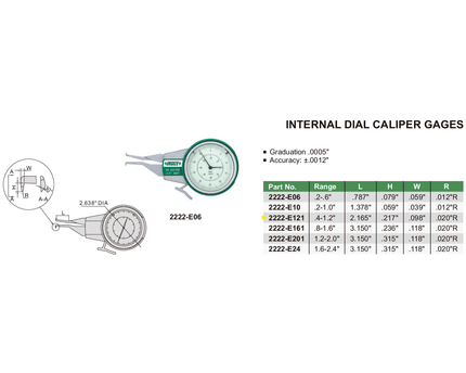 INSIZE MEASURING EQUIPMENT Insize Internal Dial Caliper Gauge 0.4-1.2" Range Series 2222-E121