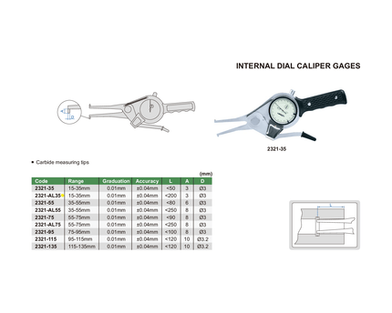 INSIZE Measuring Equipment Insize Internal Dial Caliper Gauge 15-35mm Range Series 2321-AL35
