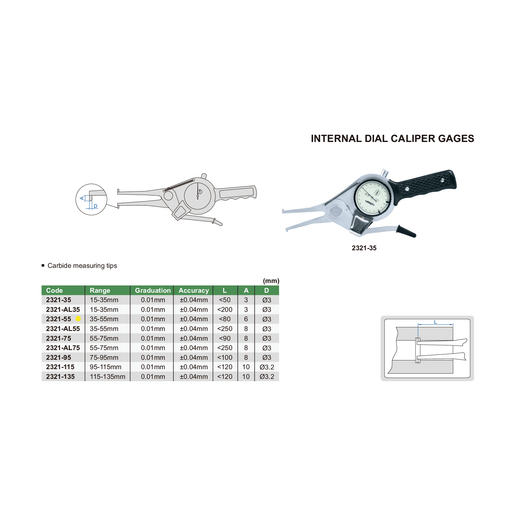 INSIZE Measuring Equipment Insize Internal Dial Caliper Gauge 35-55mm Range Series 2321-55