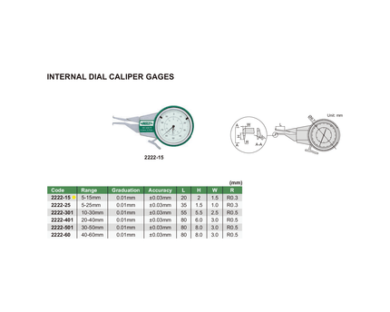 INSIZE Measuring Equipment Insize Internal Dial Caliper Gauge 5-15mm Range Series 2222-15