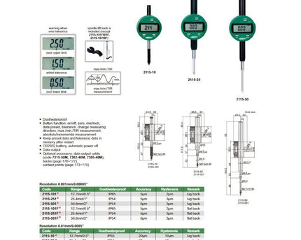 INSIZE Measuring Equipment Insize IP54 Coolant Proof Digital Indicator 50.8mm / 2" Range Series 2115-50