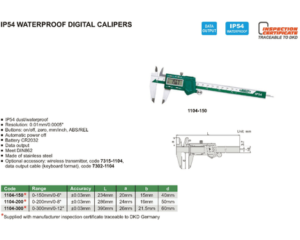 INSIZE Measuring Equipment INSIZE IP54 Digital Caliper 0-150mm/0-6" Range Series 1104-150
