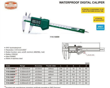 INSIZE Measuring Equipment Insize IP57 Digital Caliper 0-200mm/0-8" Range Series 1118-200B