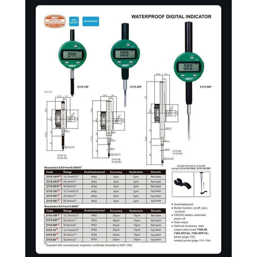 INSIZE Measuring Equipment Insize IP65 Coolant Proof Digital Indicator 12.7mm / 0.5" Range Series 2115-10