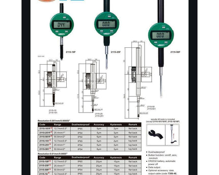 INSIZE Measuring Equipment Insize IP65 Coolant Proof Digital Indicator 12.7mm / 0.5" Range Series 2115-101