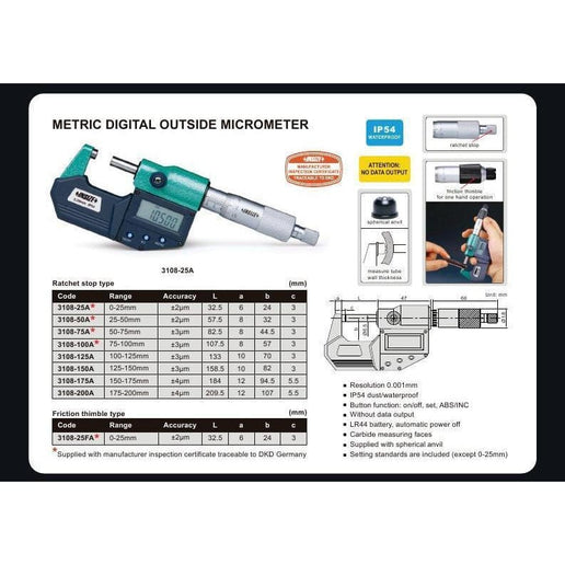 INSIZE Measuring Equipment Insize IP65 Digital Outside Micrometer 0-25mm / 0-1" Range Series 3108-25A
