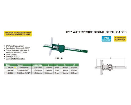 INSIZE Measuring Equipment Insize IP67 Digital Depth Gauge 0-150mm / 0-6" Range Series 1149-150