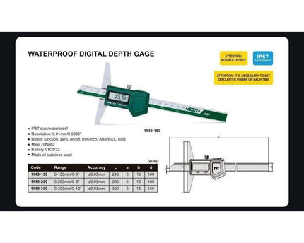 INSIZE Measuring Equipment Insize IP67 Digital Depth Gauge 0-200mm / 0-8" Range Series 1149-200