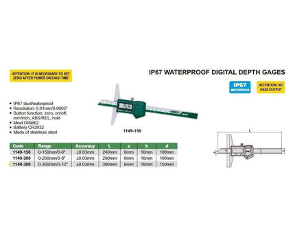 INSIZE Measuring Equipment Insize IP67 Digital Depth Gauge 0-300mm / 0-12" Range Series 1149-300