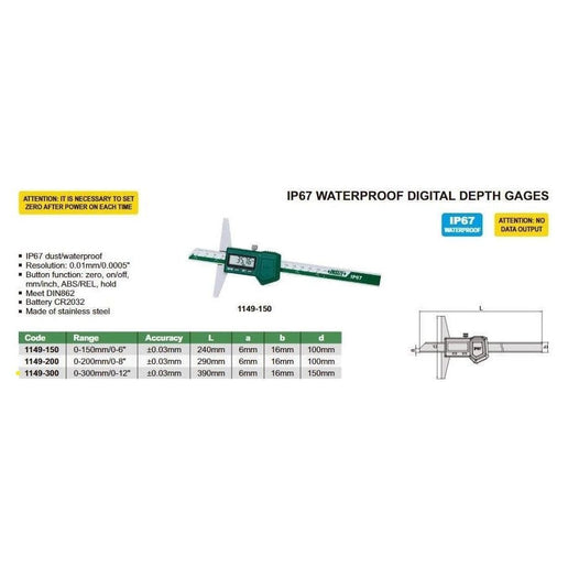 INSIZE Measuring Equipment Insize IP67 Digital Depth Gauge 0-300mm / 0-12" Range Series 1149-300