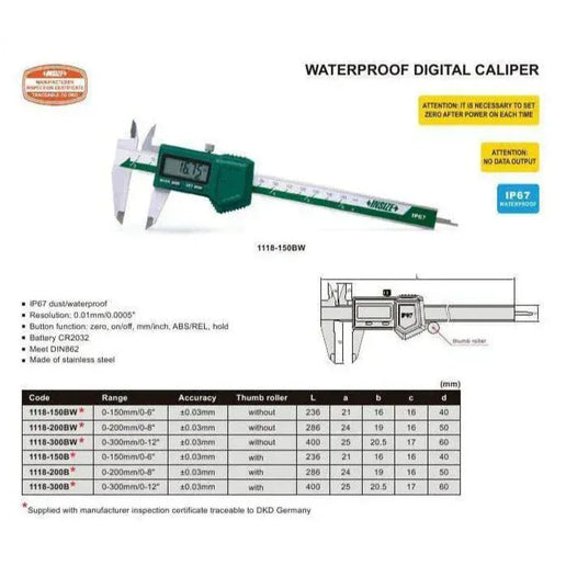 INSIZE MEASURING EQUIPMENT INSIZE IP67 Waterproof Digital Caliper  0-150mm / 0-6" Range Series 1118-150B